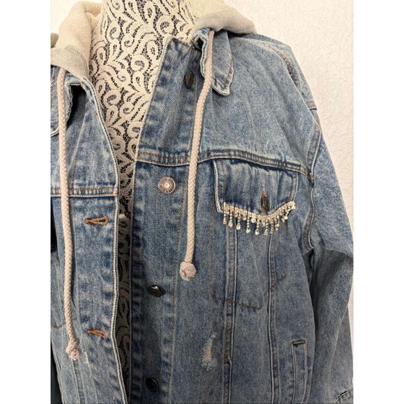 Blue B Rhinestone Fringe Denim Jacket with Hoodie Blue Size M/L - Picture 5 of 12